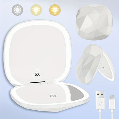 LED Makeup Mirror with 5X Magnification & 3 Color Lights – Dual Sided 1X 5X Lighted Vanity Mirror, Portable Compact Travel Mirror for Women