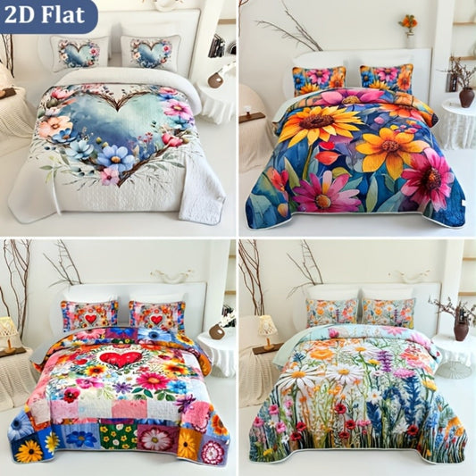Colorful Floral Quilted Comforter Set with One or Two Pillowcases, Five Pattern Options and Twin to King Sizes