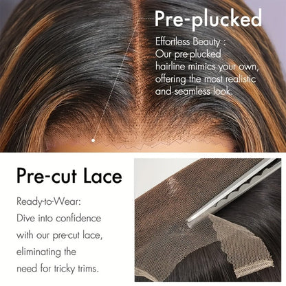 200% Density Lace Front Wig Human Hair Brown Highlights Long Wavy Pre-Plucked Glueless Heat, for Home, Travel and Salon Hair Styling