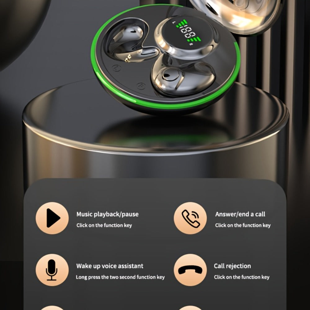 Low-Profile Round-Case Mini Sleep Earbuds with Digital Battery Display in Black, Khaki or White
