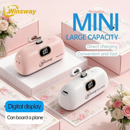 Power Bank 5000mAh Mini USB-C Plug-In Style with Digital Display in Pink or White for Travel