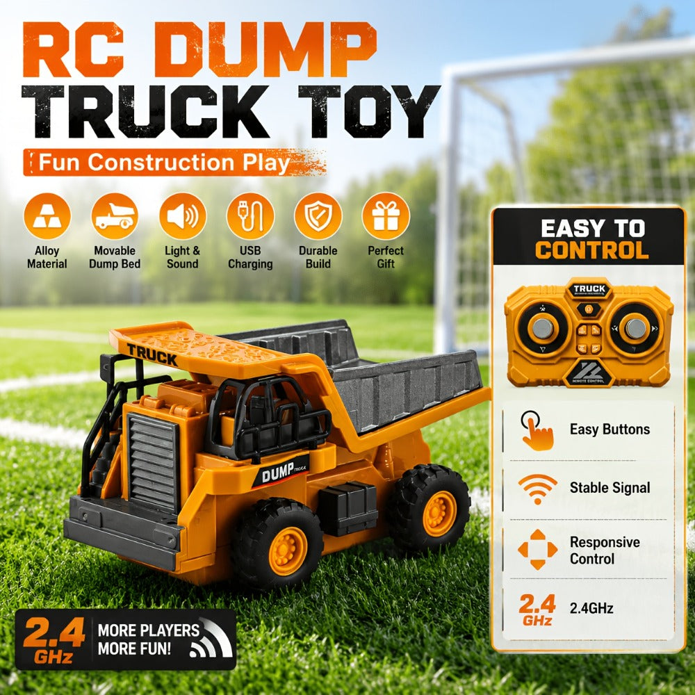 Remote Control Excavator Loader Dump Truck Toy for Kids 2.4GHz Alloy RC Construction Vehicle with Light & Sound