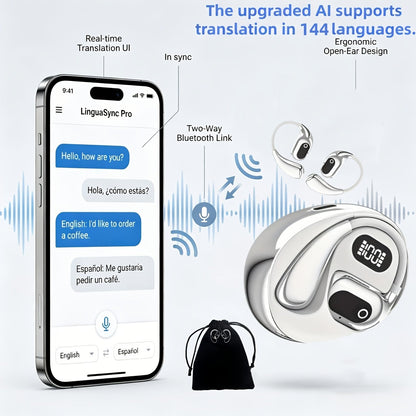 144-Language AI Real-Time Translation Earbuds, Two-Way Interpreter Earphones USB & Battery Rechargeable with Carrying Pouch