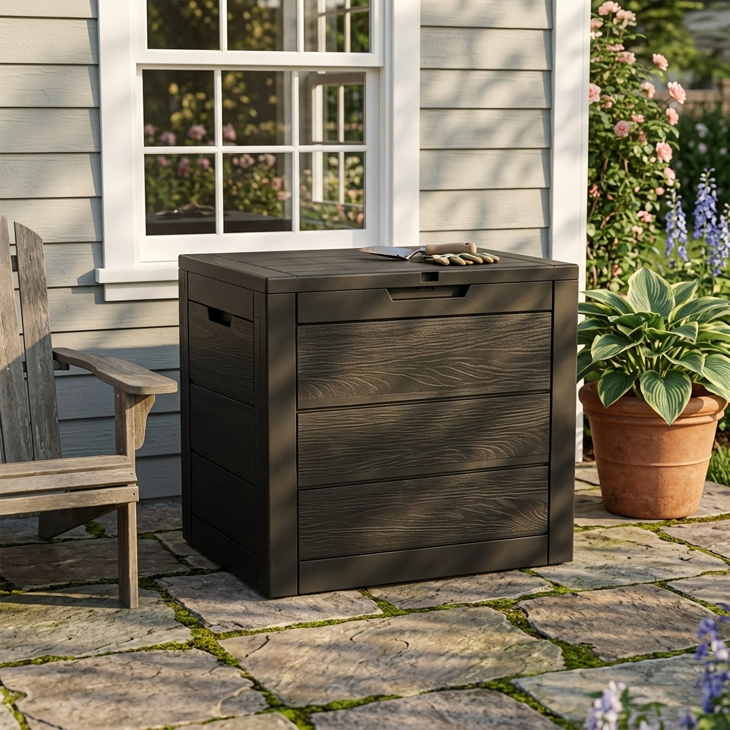 Deck Box Flip Top Resin Secure Lid | Patio Pool Backyard Cushion Garden