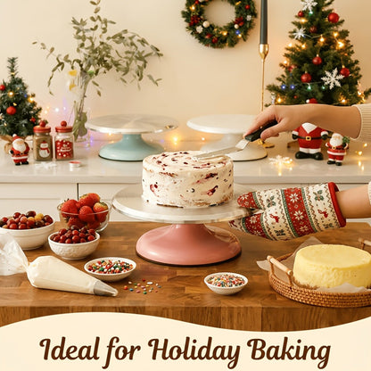 9.84-Inch Rotating Cake Turntable with Frosting Spatula and Pink, Sky Blue or White Base for Decorating