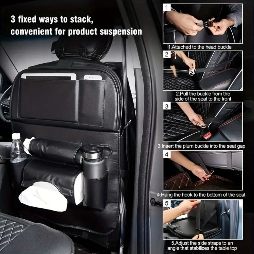Car Rear Seat Organizer with Foldable Table, Footrest, Cup Holder, Tissue Box & Laptop Base – 2-Piece Premium Back Seat Storage Box Travel