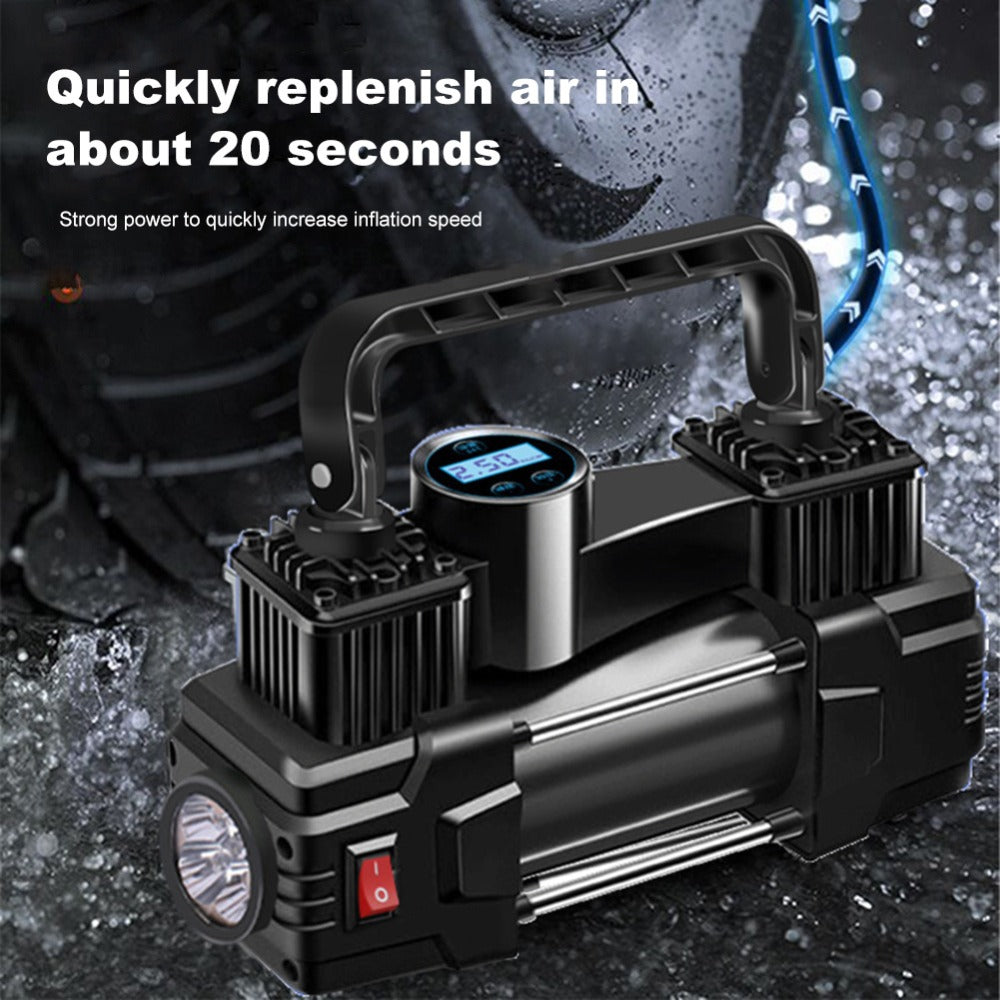 150 PSI 12V Dual-Cylinder Tire Inflator with Analog or Digital Gauge, LED Light and Carry Handle
