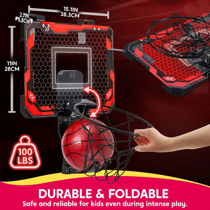 Indoor Basketball Hoop for Kids Over the Door, Light Up LED Scoreboard 4 Balls Air Pump 3 Game Modes 7 Light Shows