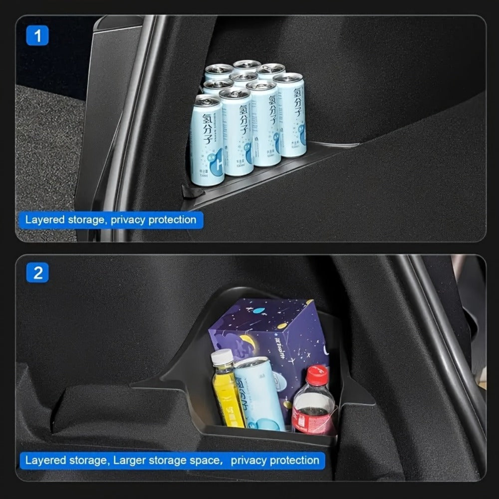 Car Trunk Organizer Side Storage Boxes for Tesla Model Y Juniper 2025 with Left/Right Black TPE Bins and Lids