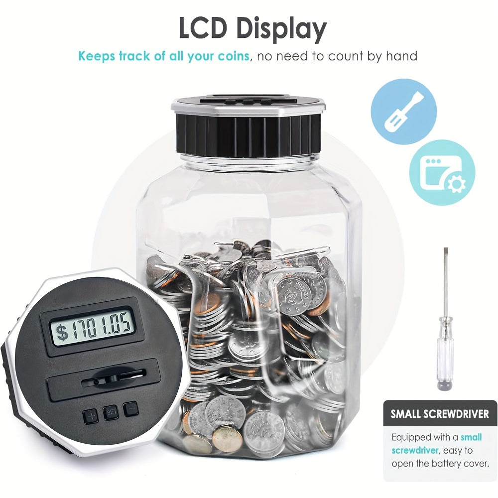 Digital Coin Counting Piggy Bank for Adults, Extra Large 2.4L LCD Counter Jar, Transparent Acrylic Money Saving Bank with Display