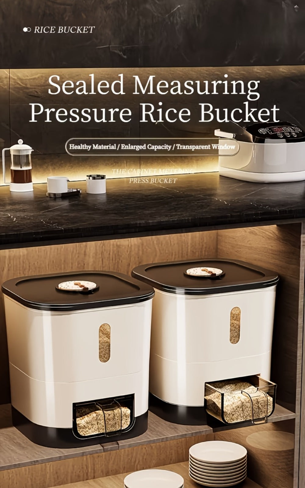 Airtight Rice Container with Measuring Cup, Large Moisture-Proof Rice Dispenser for Rice, Grains