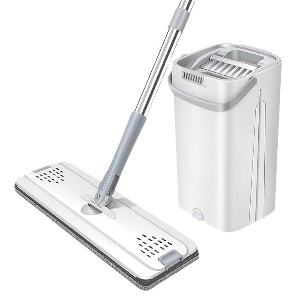 Flat Mop with Bucket Set, Hands-Free Wringing Floor Mop, 6 Replacement Microfiber Cloths, Wet & Dry Dual-Use, Durable Plastic Frame
