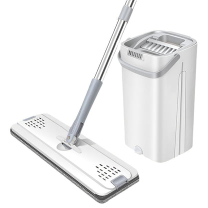 Flat Mop with Bucket Set, Hands-Free Wringing Floor Mop, 6 Replacement Microfiber Cloths, Wet & Dry Dual-Use, Durable Plastic Frame