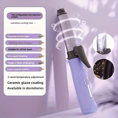 Cordless Mini Curling Iron Wireless Rechargeable Portable Hair Curler, Ceramic Barrel for Airy Bangs