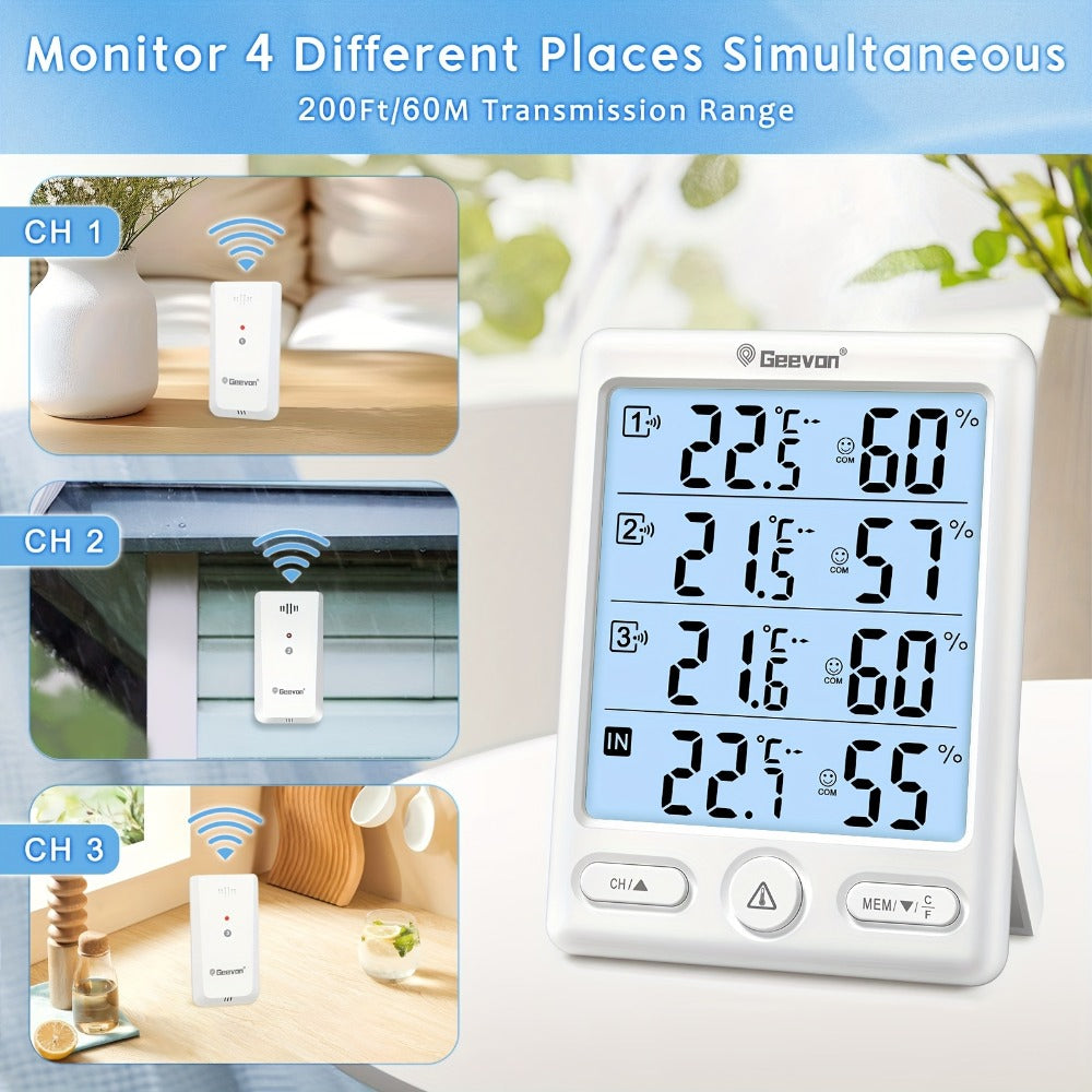 Indoor Outdoor Thermometer Wireless with 3 Remote Sensors - Digital Hygrometer Temperature Humidity Monitor