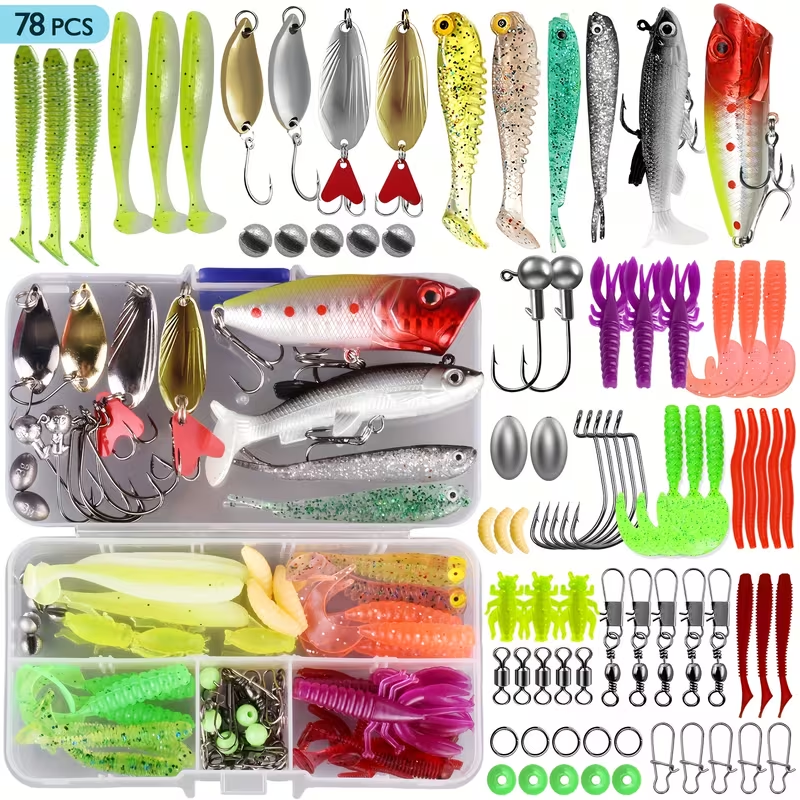 Fishing Lures Kit 78/106/188/361pcs Complete Freshwater Tackle Set with Spoon Lures Soft Plastic Worms Crankbaits Jig Hooks Tackle Box