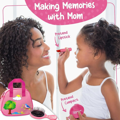 Girls Play Purse Set with Accessories 9pcs, Pretend Makeup, Toy Keys, Fake Phone & Credit Card, Toddler Dress Up Handbag Role Play Toy