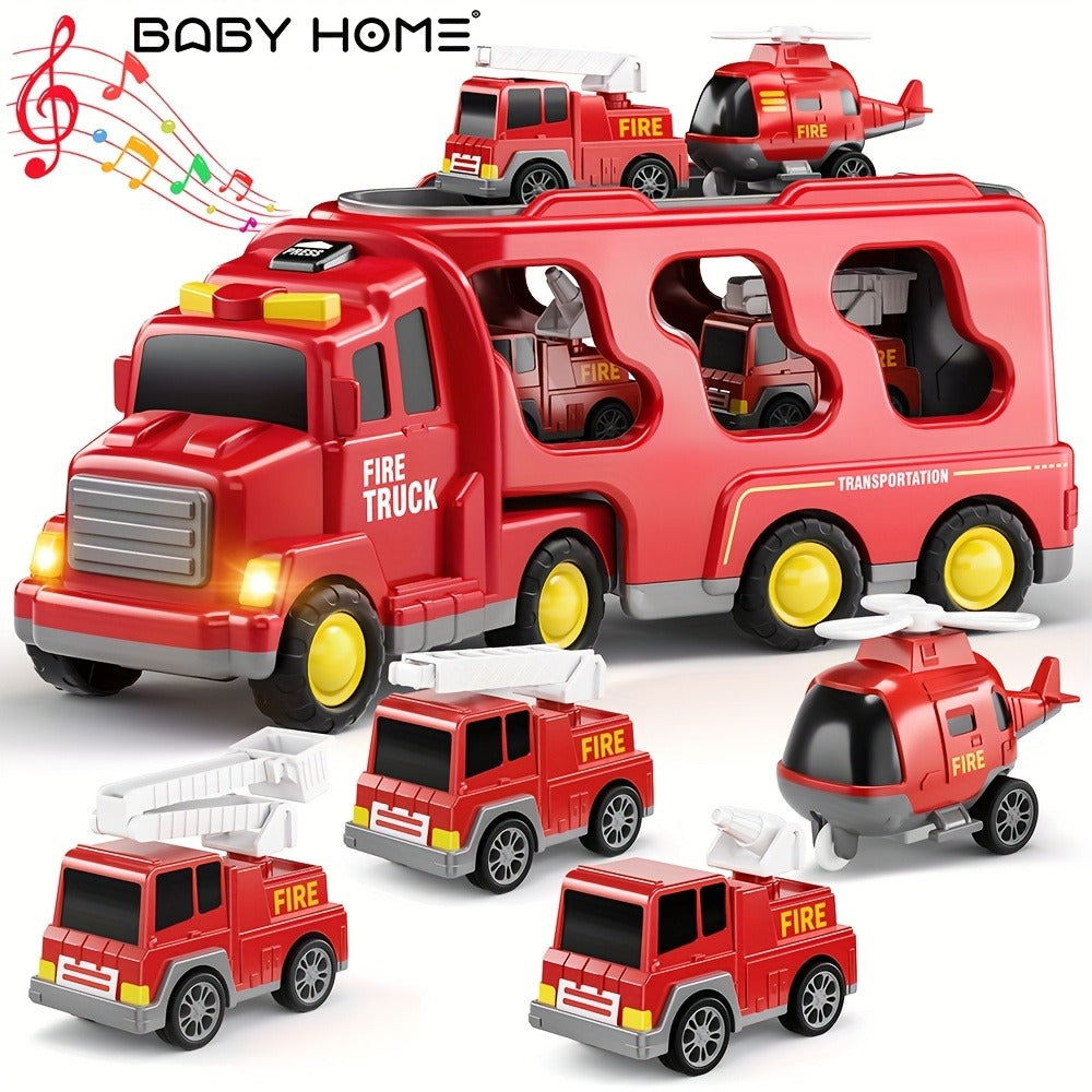 5-in-1 Fire Truck Playset for Kids 3-9, Friction Powered Interchangeable Rescue Vehicles Set with Carrier Truck
