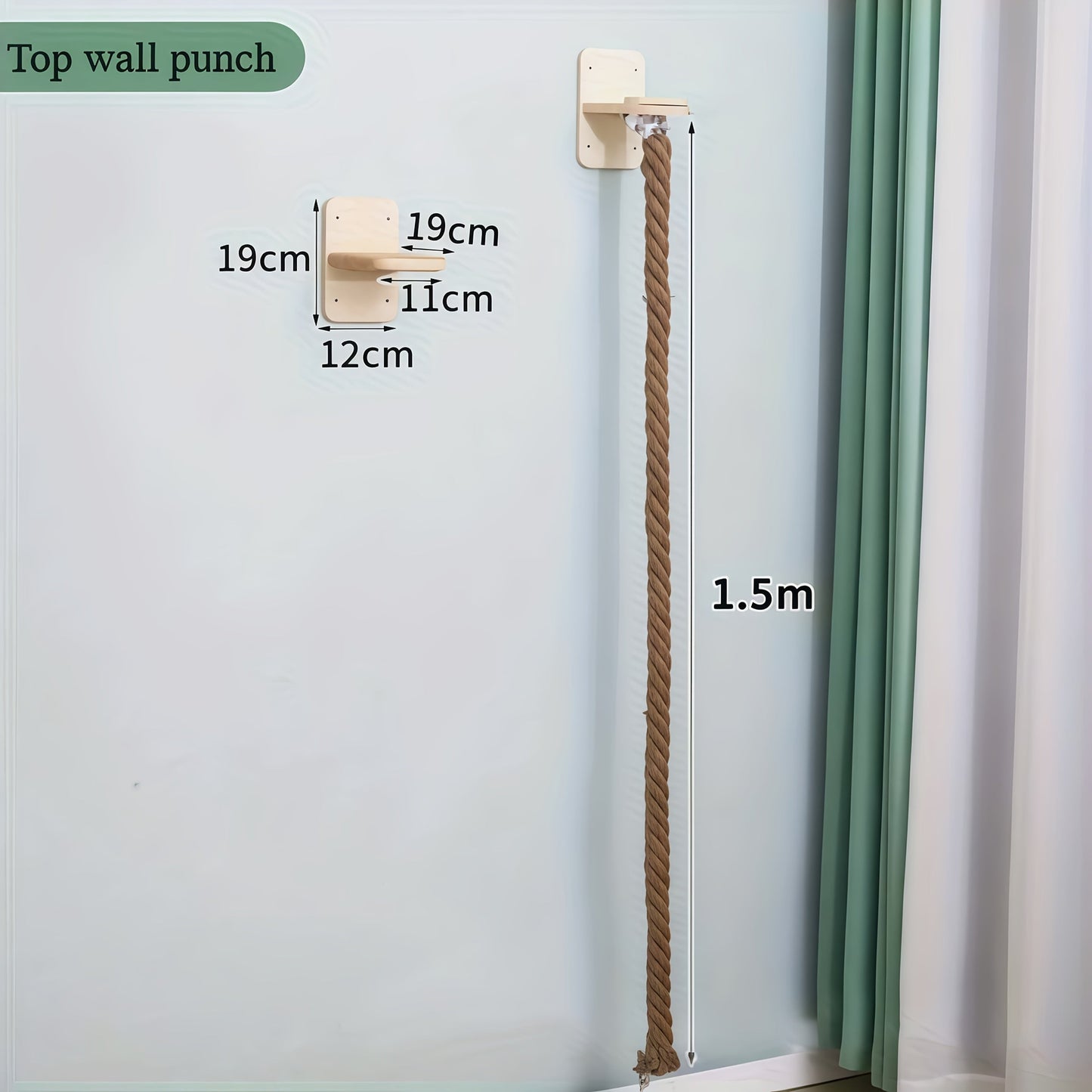 Wall-Mounted 60in Cat Climbing Rope Set with Upper Bracket, Lower Anchor and Small Wood Perch