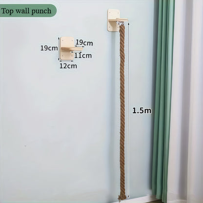 Wall-Mounted 60in Cat Climbing Rope Set with Upper Bracket, Lower Anchor and Small Wood Perch