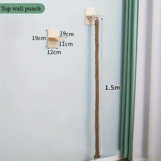 Wall-Mounted 60in Cat Climbing Rope Set with Upper Bracket, Lower Anchor and Small Wood Perch