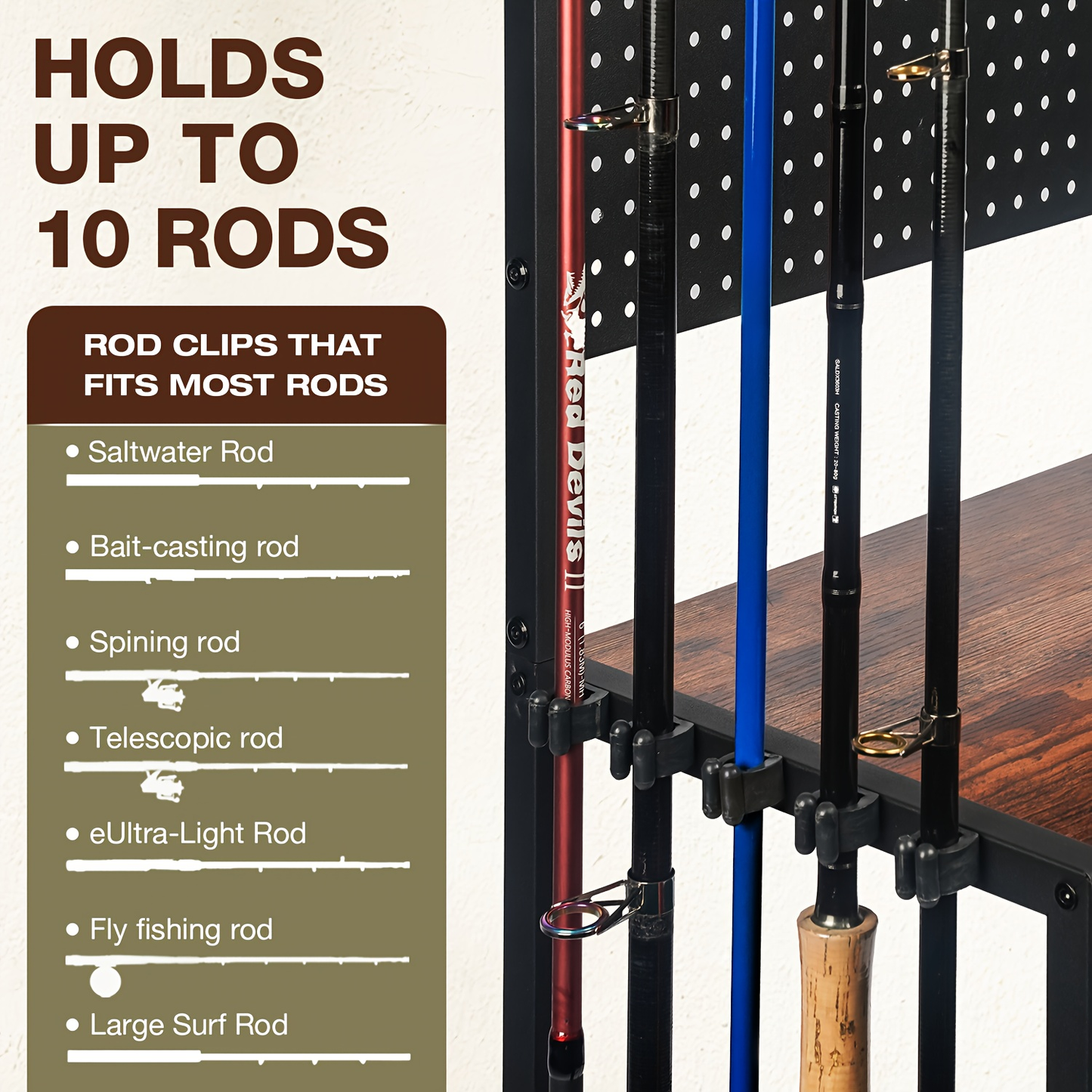 Fishing Rod Holder Rack for Garage Holds Up to 10 Rods Iron Construction with Pegboard Hooks Rolling Wheels Fishing Pole Storage Organizer