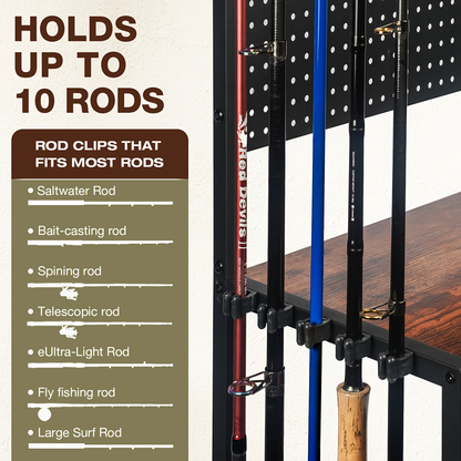 Fishing Rod Holder Rack for Garage Holds Up to 10 Rods Iron Construction with Pegboard Hooks Rolling Wheels Fishing Pole Storage Organizer