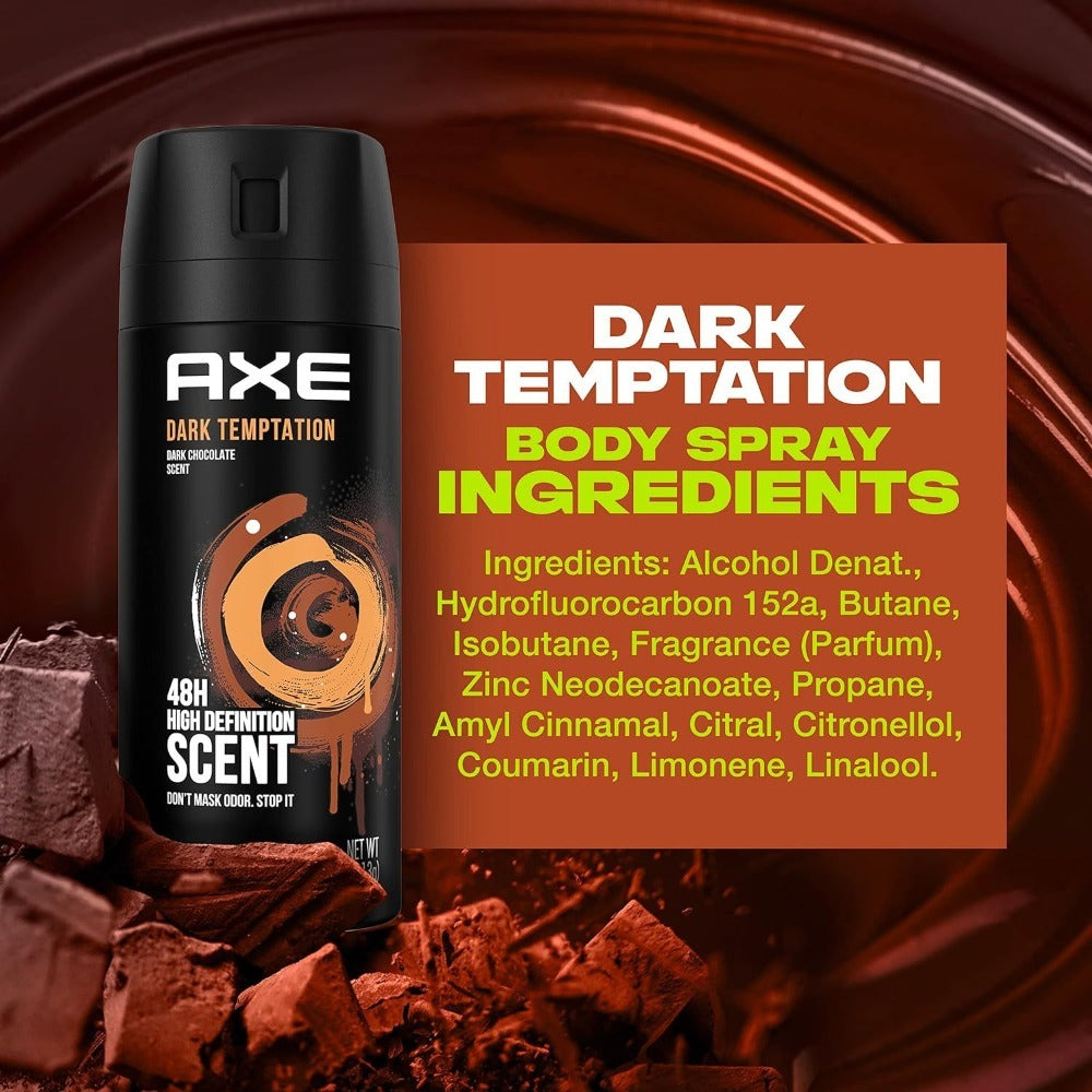 AXE Dark Temptation Body Spray, 150ml Aerosol Cans with Dark Chocolate Scent Label in Three- or Six-Pack Options