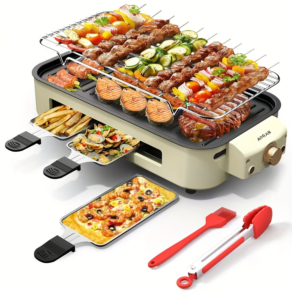 Electric BBQ Grill Indoor, 1500W Smokeless Tabletop Grill with Removable Frying Pan, Waffle Maker & Non-Stick Stainless Steel Plates