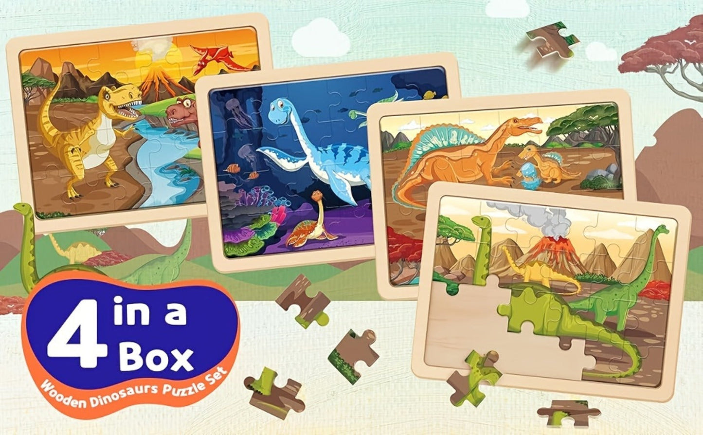 Dinosaur Puzzle Set for Kids Ages 3-8 Wooden 4-in-1 Jigsaw with 24 Pieces Each, Colorful Preschool Educational Toy for Boys & Girls