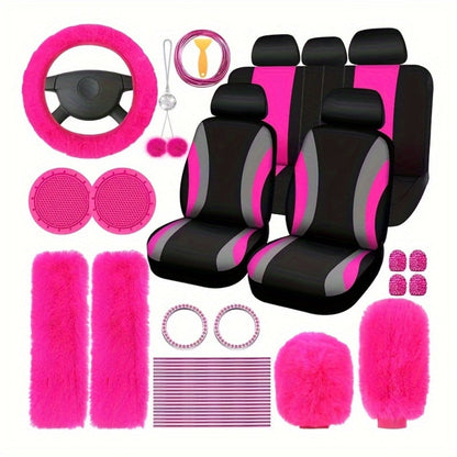 Car Interior Accessories Set for Women 45-Piece – Plush Steering Wheel Cover, Seat Cushion & Pendant, Universal Fit All Seasons