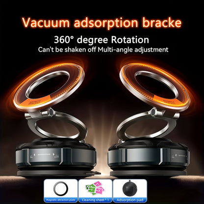 Folding Magnetic Car Phone Mount with Vacuum-Style Dashboard Base, Swivel Joint and 360-Degree Bracket