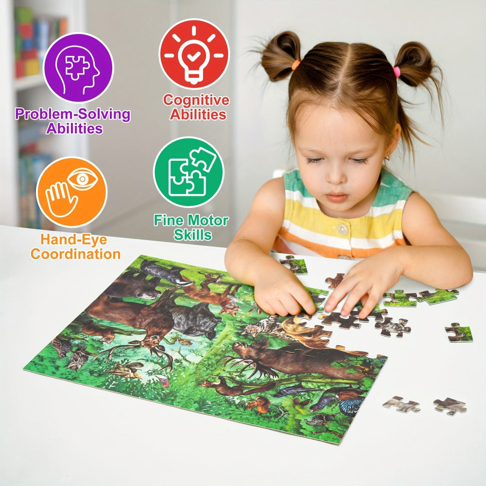Double Sided Puzzle for Kids 100 Pieces Jungle Animals, 2-in-1 Jigsaw Educational Toy for Boys & Girls Ages 3 4 5 6 7 8