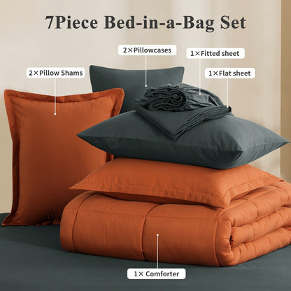 7 Piece Comforter Set Luxury Soft Fluffy Bedding All Season Bed in a Bag with Comforter Fitted Sheet Flat Sheet Pillowcases Hypoallergenic