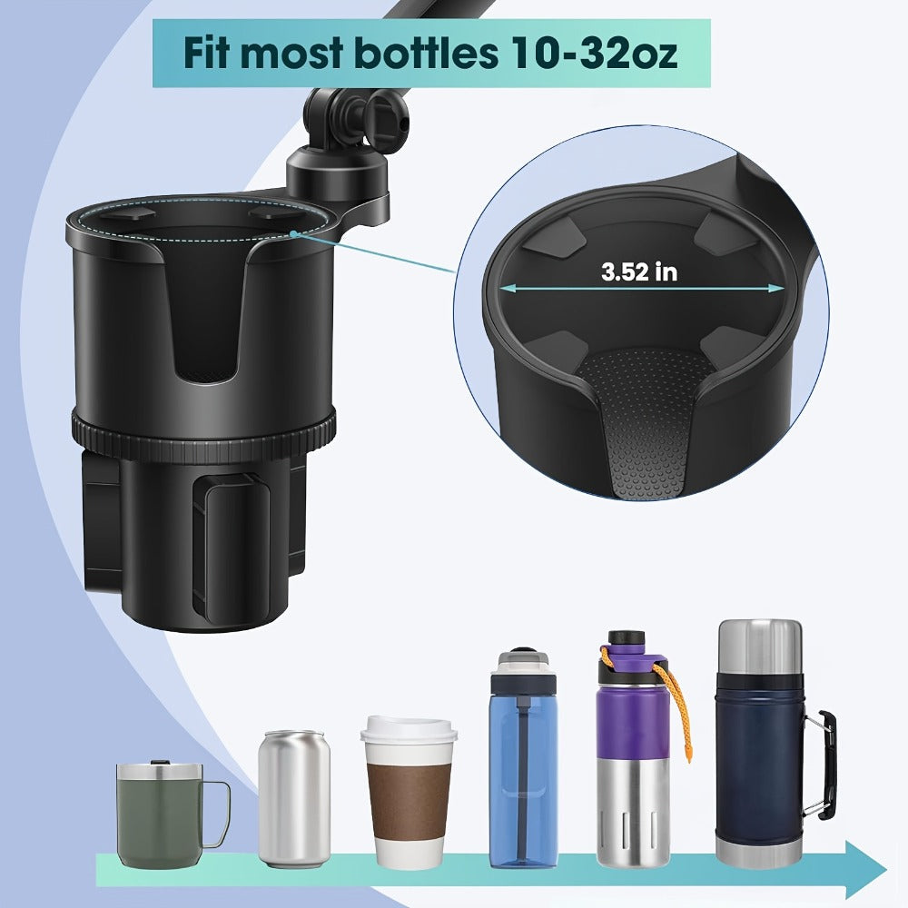 Cup-Holder Car Phone Mount with Bottle Recess, Double-Jointed Long Arm and Rotating Clamp Pictured