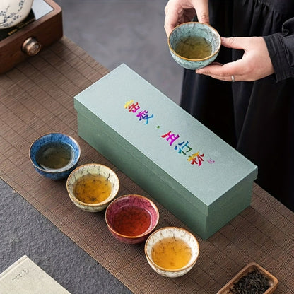 Kung Fu Tea Cups Set of 5 – Handmade Kiln-Fired Jianzhan Ceramic Teacups – Five-Element Design in 5 Colors with Gift Box