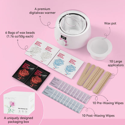 Wax Hair Removal Kit Digital Wax Pot with 6 Wax Bead Packets – Smart Temperature Control Salon-Grade Waxing Set for Body Bikini Face Legs