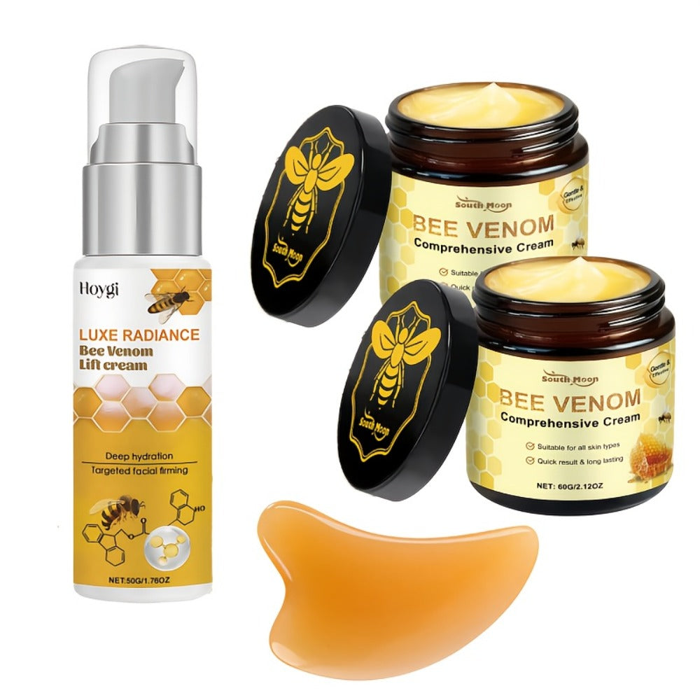 Skincare Set with Hloygi and South Moon Labels, 3 Bee Venom Products Plus Gua Sha Board Accessory
