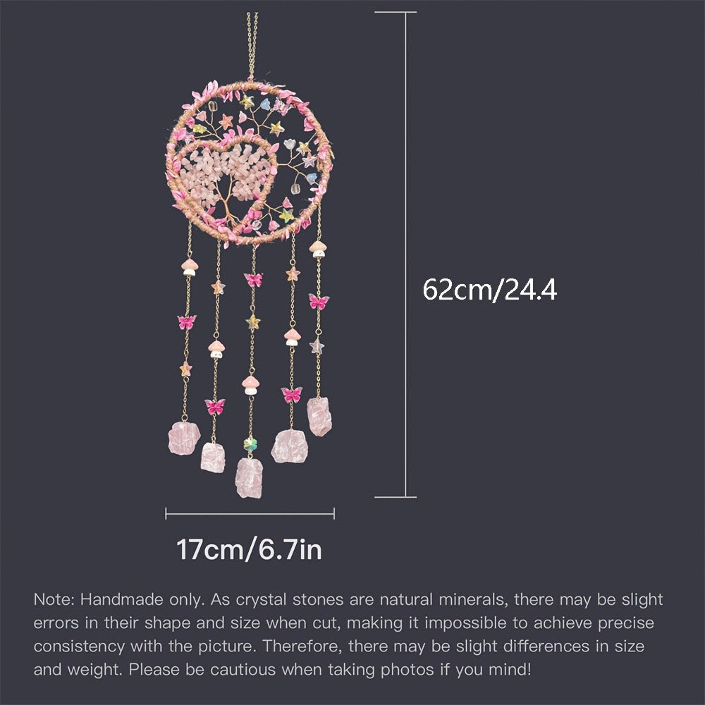 Boho Crystal Wall Hanging Decor – Handmade Stone Bead Wind Chime with Colorful Gemstone Heart & Circular Crystal Pendant for Bedroom Living