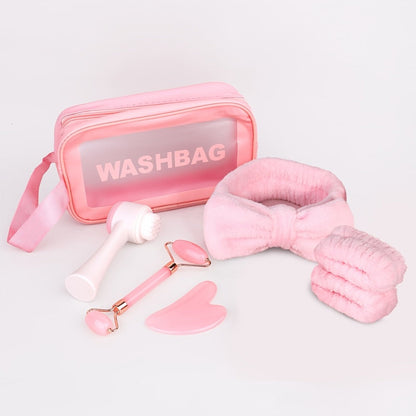 Facial Cleansing Massage Set 7Pcs Silicone Face Brush Double-Headed Roller Massager Heart Scraping Board Wristbands Hair Band Pink Storage