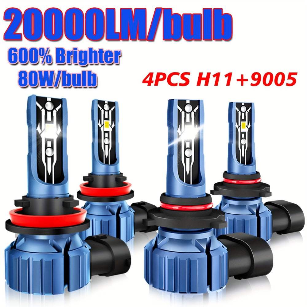 LED Headlight Bulbs Kit 4pcs, 80W 20000LM 6000K Super Bright White High & Low Beam Fog Lamp Replacement for H11+H11 / 9006+9006