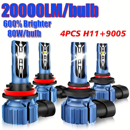 LED Headlight Bulbs Kit 4pcs, 80W 20000LM 6000K Super Bright White High & Low Beam Fog Lamp Replacement for H11+H11 / 9006+9006