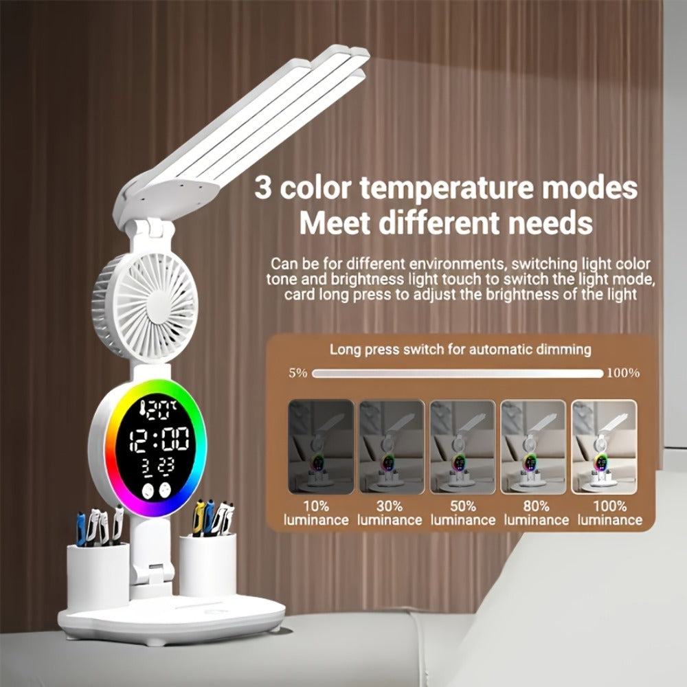 LED Desk Lamp with Built-in Fan & Touch Control, Dual Head Adjustable, USB Charging, 3 Color Modes Dimmable