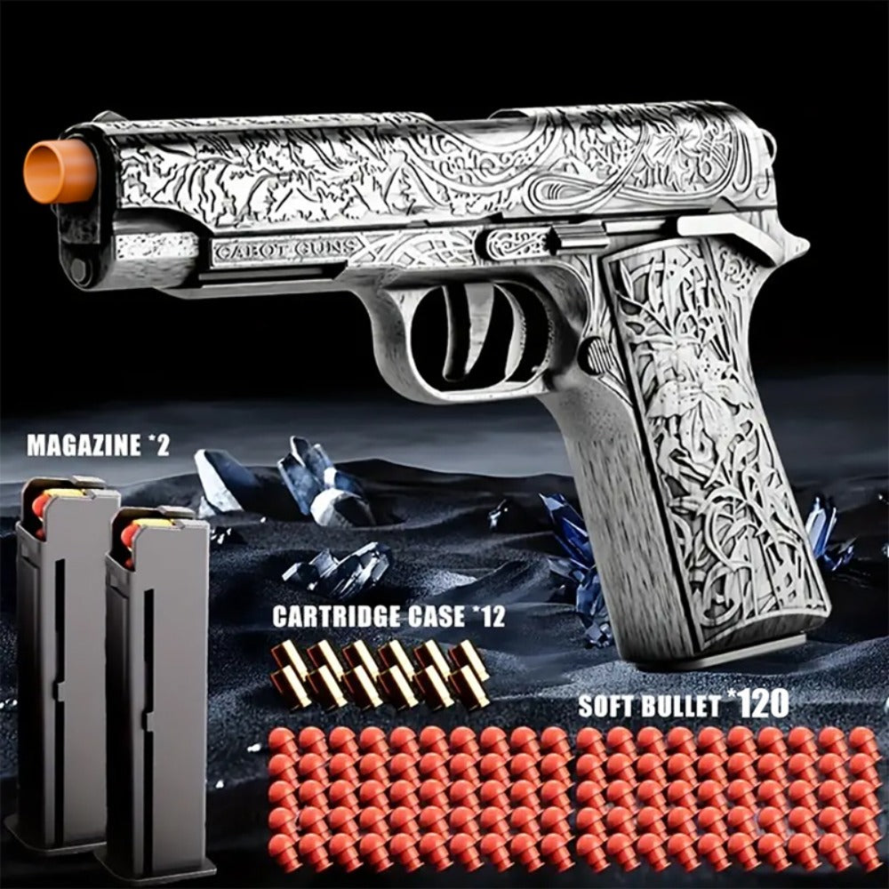 Shell-Ejecting Toy Foam-Dart Blaster with Engraved Body, Two Magazines and Four Color Options