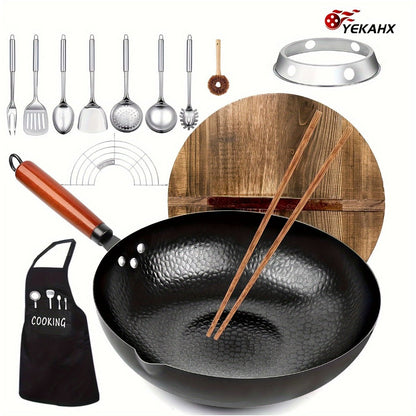 Carbon Steel Wok Set with Lid and 14-Piece Accessory Kit, 12.6 Inch Stir-Fry Pan with Spatula, Brush, Ring and Utensils