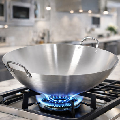 Stainless Steel Wok Cookware with Dual Handles, Steamer Rack and 30, 36 or 38cm Size Choices