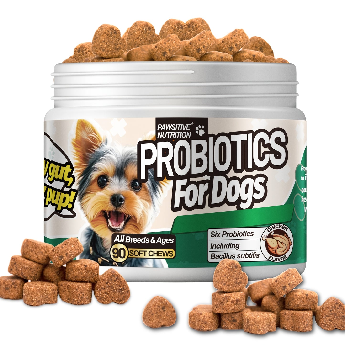Dog Probiotic Supplement 6 Billion CFU with Prebiotic – 90 Chicken Flavor Chews for Itching Skin Relief, Digestive & Immune Health