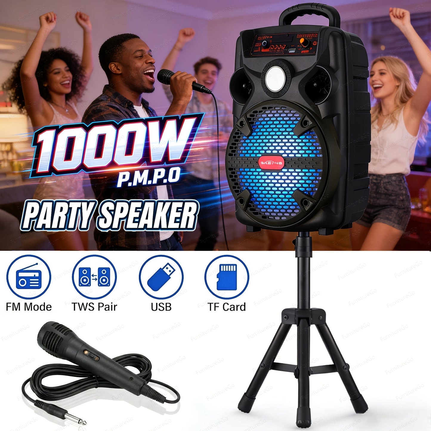 1000W Portable Party Speaker with 8-Inch Woofer, Karaoke Microphone, RGB Lights, Bluetooth, FM, USB & TWS