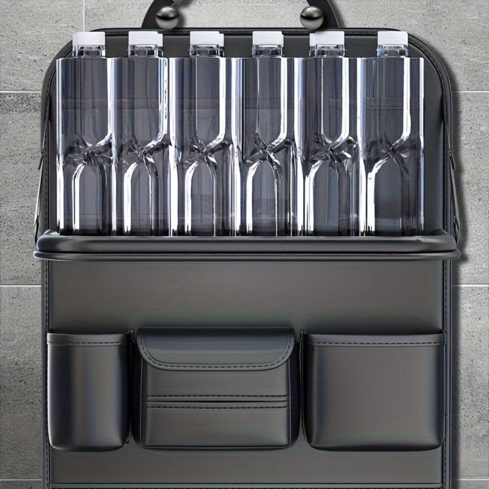 Seatback Car Organizer with Fold-Down Tray, Cup Recesses, Tissue Opening and One- or Two-Piece Packs