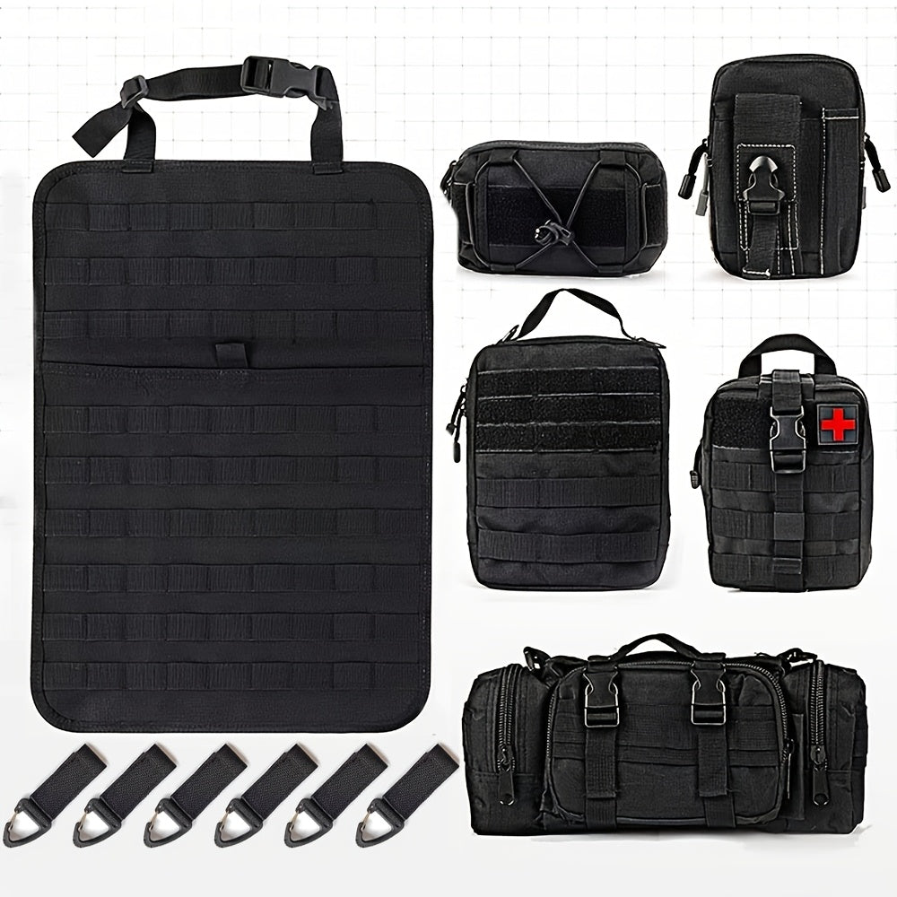 Black MOLLE-Style Seatback Car Organizer Panel with Five Detachable Pouches and Six Keychains